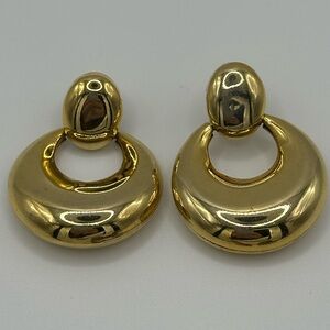80s Yellow Gold Tone Doorknocker Dangle Round Hinged Stud Fashion Earrings